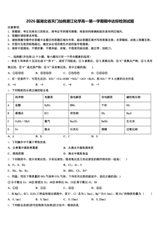 2026届湖北省天门仙桃潜江化学高一第一学期期中达标检测试题含解析