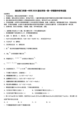 湖北荆门市第一中学2026届化学高一第一学期期中统考试题含解析