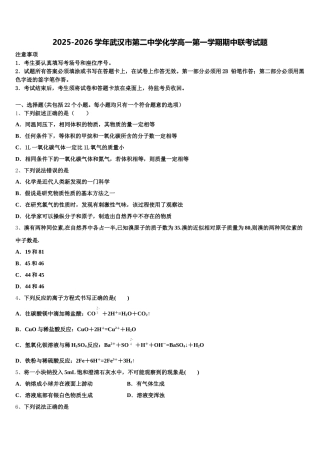 2025-2026学年武汉市第二中学化学高一第一学期期中联考试题含解析