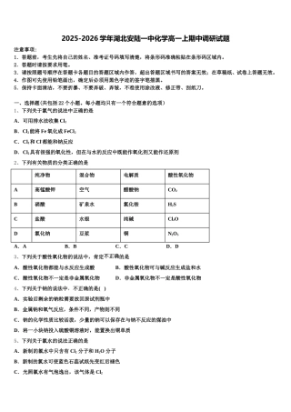 2025-2026学年湖北安陆一中化学高一上期中调研试题含解析