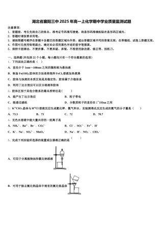 湖北省襄阳三中2025年高一上化学期中学业质量监测试题含解析