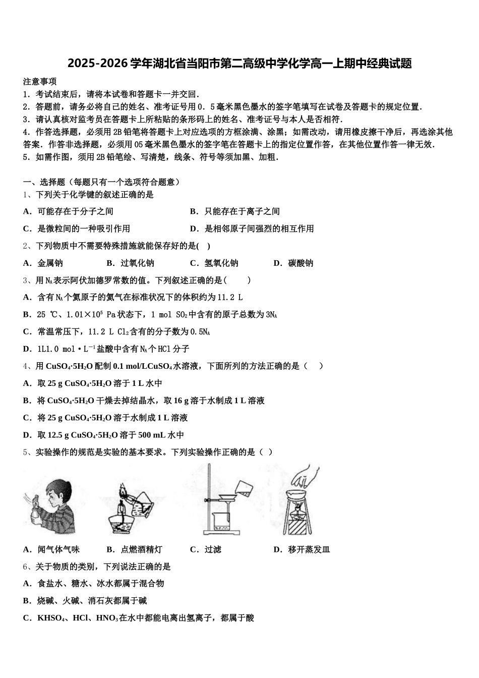 2025-2026学年湖北省当阳市第二高级中学化学高一上期中经典试题含解析_第1页