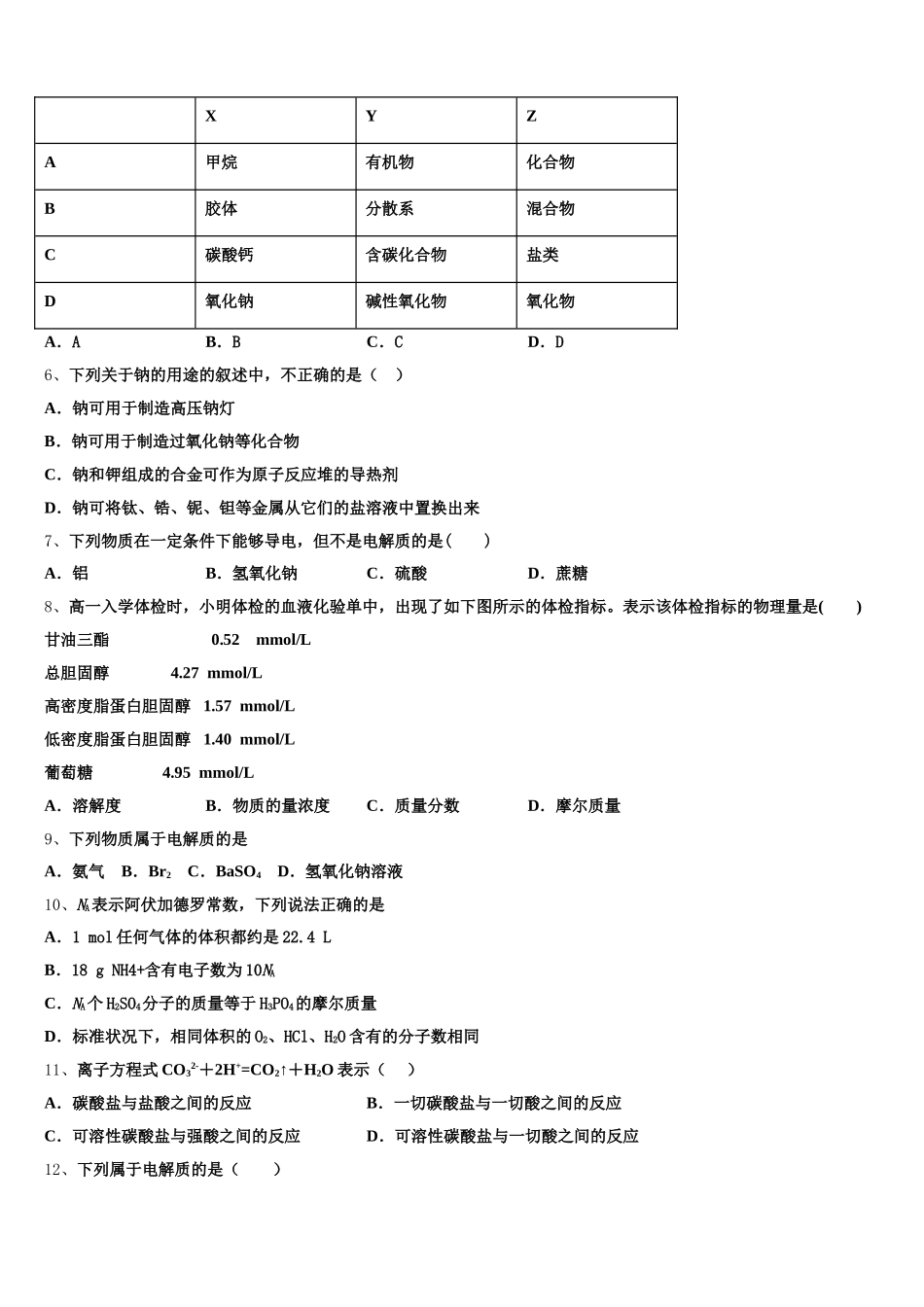 随州市重点中学2025年化学高一第一学期期中统考试题含解析_第2页