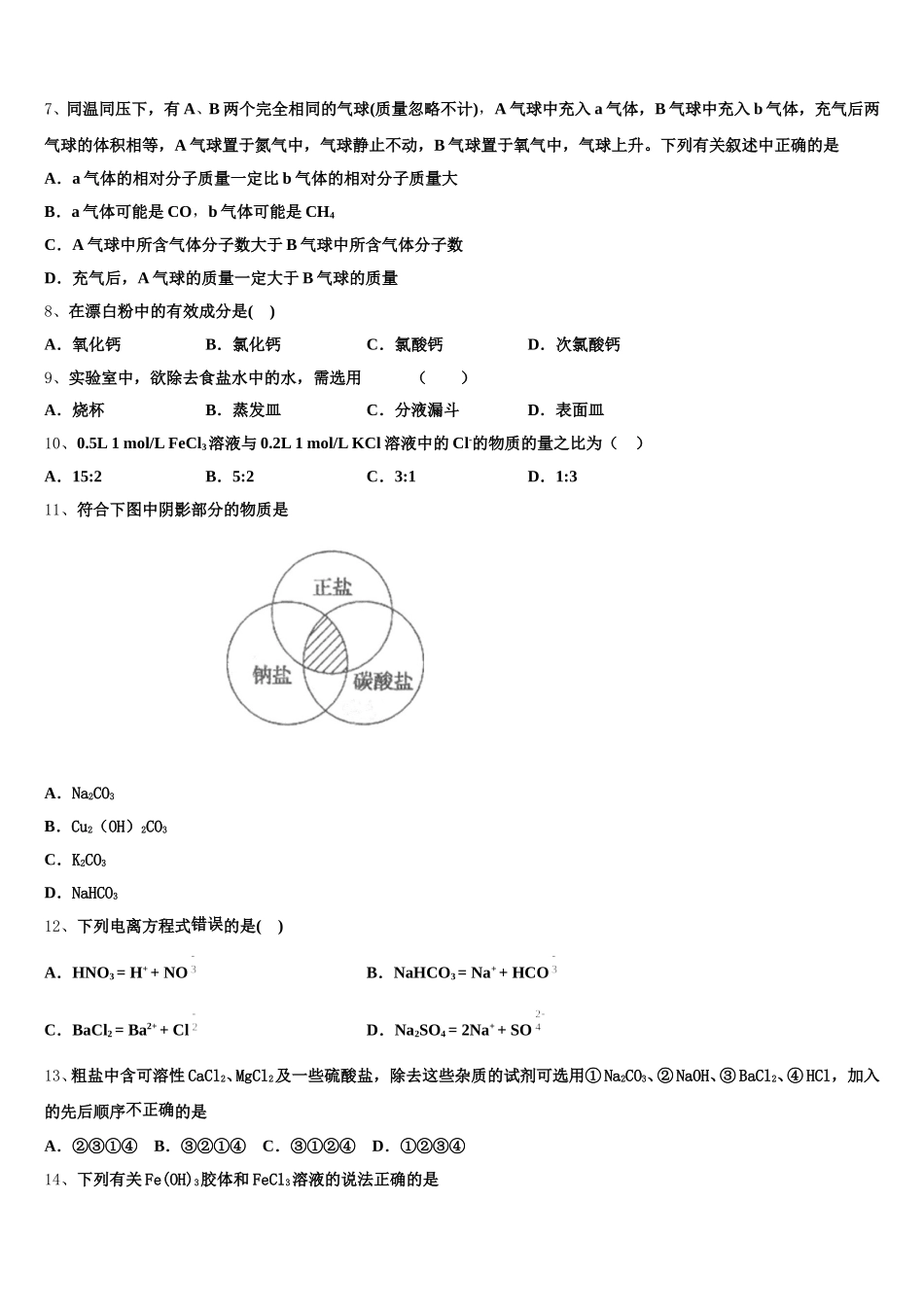 2025年湖北省孝感市第一高级中学高一上化学期中检测试题含解析_第2页