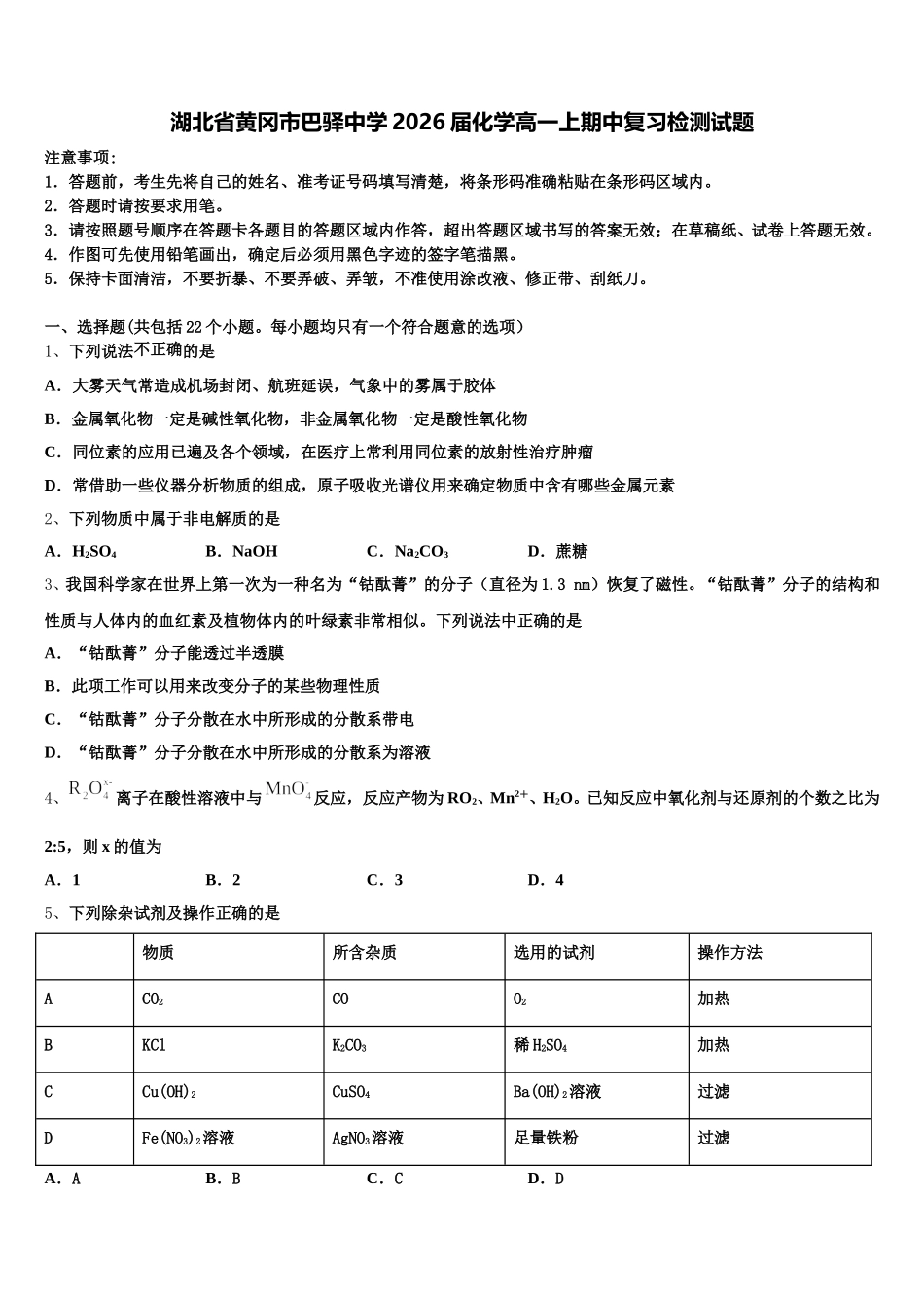 湖北省黄冈市巴驿中学2026届化学高一上期中复习检测试题含解析_第1页