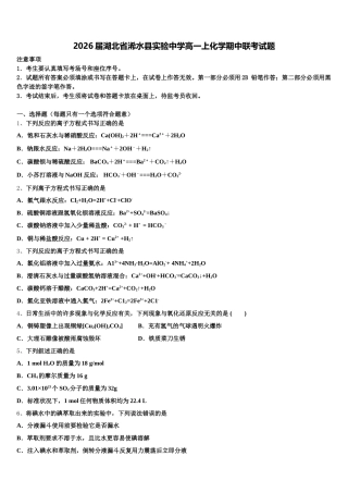 2026届湖北省浠水县实验中学高一上化学期中联考试题含解析