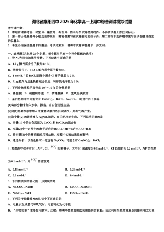 湖北省襄阳四中2025年化学高一上期中综合测试模拟试题含解析