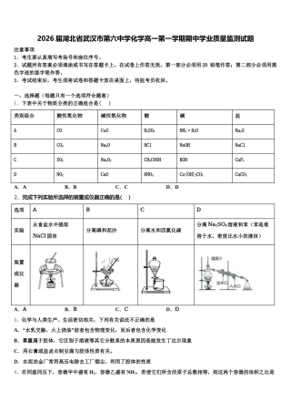 2026届湖北省武汉市第六中学化学高一第一学期期中学业质量监测试题含解析
