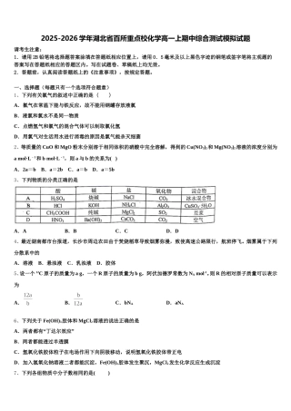 2025-2026学年湖北省百所重点校化学高一上期中综合测试模拟试题含解析