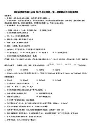 湖北省枣阳市第七中学2025年化学高一第一学期期中达标测试试题含解析