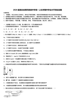 2026届湖北省黄冈高级中学高一上化学期中学业水平测试试题含解析