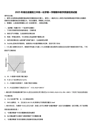 2025年湖北省襄阳三中高一化学第一学期期中教学质量检测试题含解析