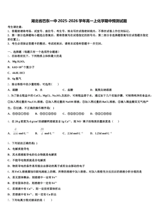 湖北省巴东一中2025-2026学年高一上化学期中预测试题含解析