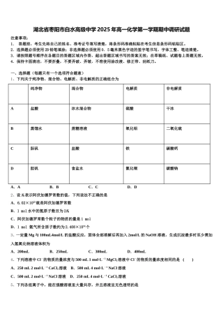 湖北省枣阳市白水高级中学2025年高一化学第一学期期中调研试题含解析