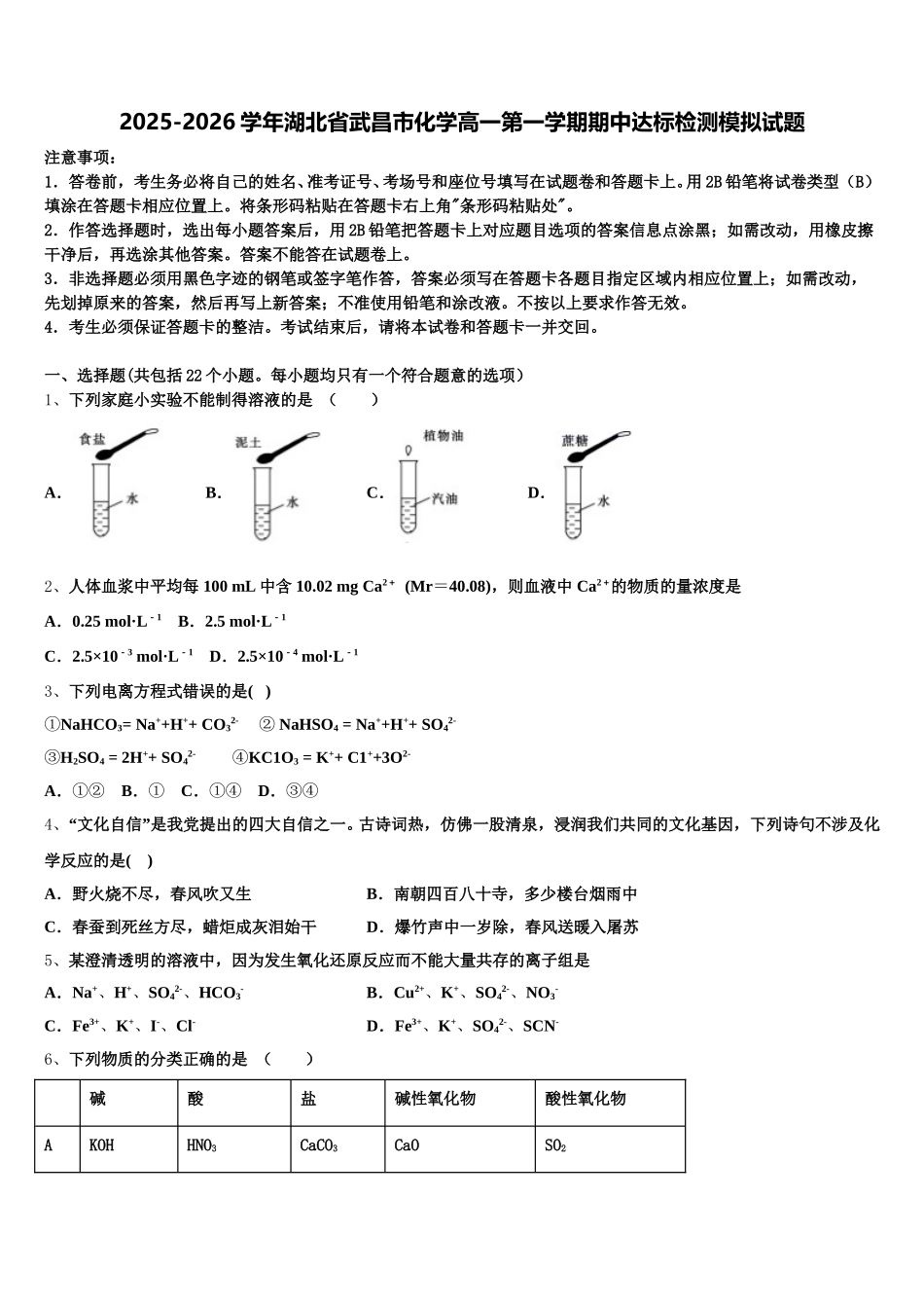 2025-2026学年湖北省武昌市化学高一第一学期期中达标检测模拟试题含解析_第1页