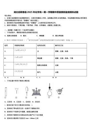 湖北省蕲春县2025年化学高一第一学期期中质量跟踪监视模拟试题含解析
