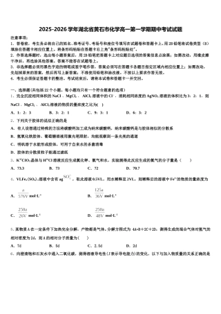 2025-2026学年湖北省黄石市化学高一第一学期期中考试试题含解析