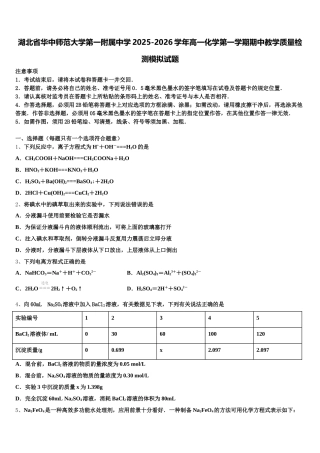湖北省华中师范大学第一附属中学2025-2026学年高一化学第一学期期中教学质量检测模拟试题含解析