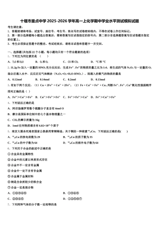 十堰市重点中学2025-2026学年高一上化学期中学业水平测试模拟试题含解析