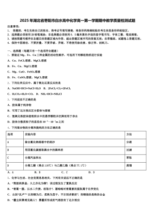 2025年湖北省枣阳市白水高中化学高一第一学期期中教学质量检测试题含解析