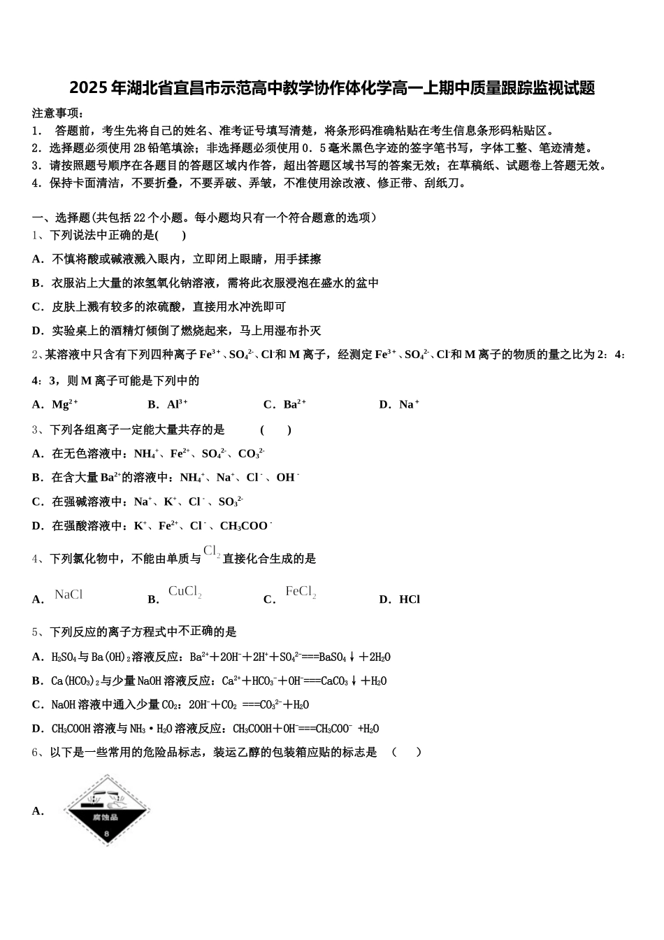 2025年湖北省宜昌市示范高中教学协作体化学高一上期中质量跟踪监视试题含解析_第1页