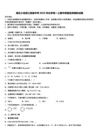 湖北小池滨江高级中学2025年化学高一上期中质量检测模拟试题含解析