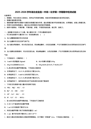 2025-2026学年湖北省宜昌一中高一化学第一学期期中检测试题含解析