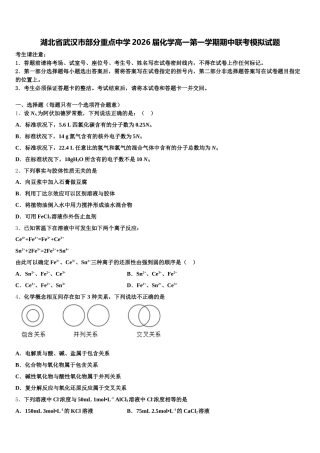 湖北省武汉市部分重点中学2026届化学高一第一学期期中联考模拟试题含解析