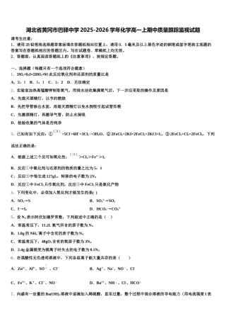 湖北省黄冈市巴驿中学2025-2026学年化学高一上期中质量跟踪监视试题含解析