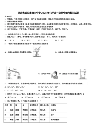 湖北省武汉市第六中学2025年化学高一上期中统考模拟试题含解析