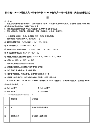 湖北省广水一中等重点高中联考协作体2025年化学高一第一学期期中质量检测模拟试题含解析