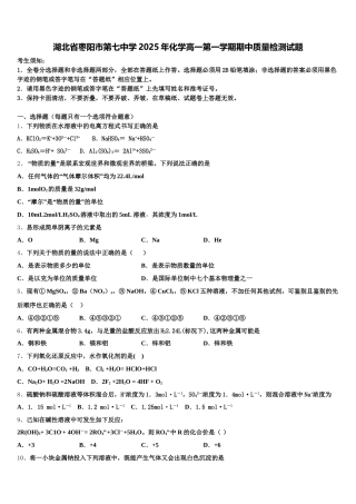 湖北省枣阳市第七中学2025年化学高一第一学期期中质量检测试题含解析