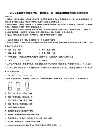 2025年湖北省恩施州巴东一中化学高一第一学期期中教学质量检测模拟试题含解析