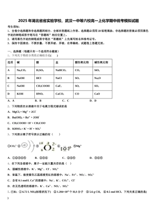 2025年湖北省省实验学校、武汉一中等六校高一上化学期中统考模拟试题含解析