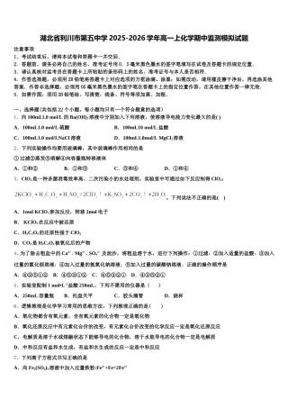 湖北省利川市第五中学2025-2026学年高一上化学期中监测模拟试题含解析