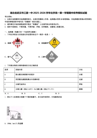湖北省武汉市江夏一中2025-2026学年化学高一第一学期期中统考模拟试题含解析