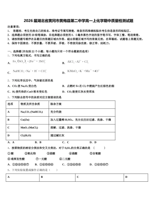 2026届湖北省黄冈市黄梅县第二中学高一上化学期中质量检测试题含解析