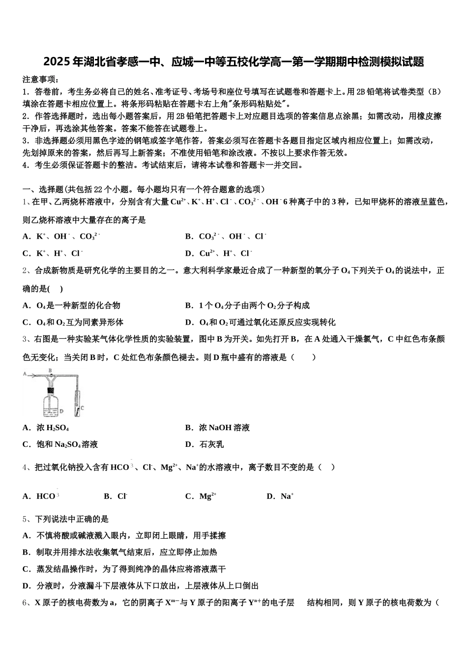 2025年湖北省孝感一中、应城一中等五校化学高一第一学期期中检测模拟试题含解析_第1页