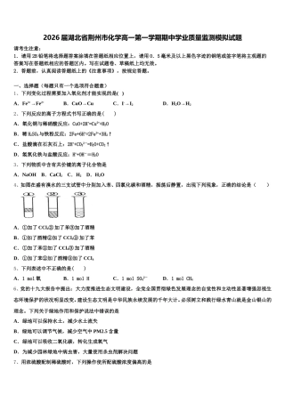 2026届湖北省荆州市化学高一第一学期期中学业质量监测模拟试题含解析
