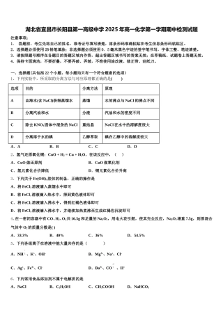 湖北省宜昌市长阳县第一高级中学2025年高一化学第一学期期中检测试题含解析