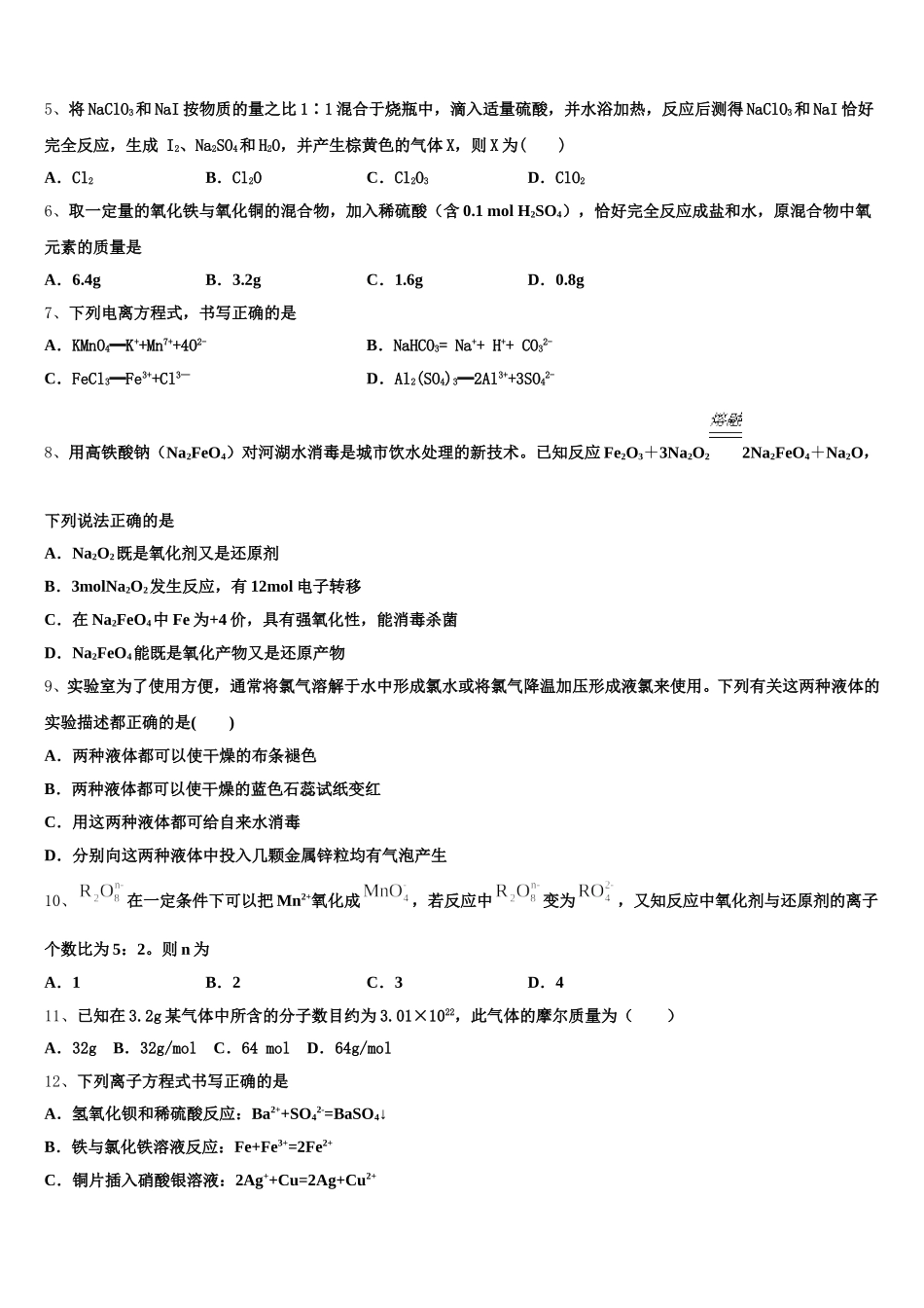 2026届湖北省黄冈市麻城市实验高中高一化学第一学期期中调研试题含解析_第2页