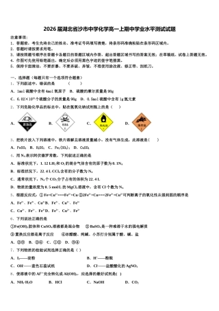 2026届湖北省沙市中学化学高一上期中学业水平测试试题含解析