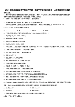 2026届湖北省武汉华中师范大学第一附属中学华大新化学高一上期中监测模拟试题含解析