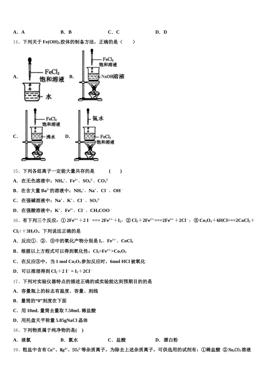 湖北省荆州市荆州中学2025-2026学年化学高一上期中达标检测模拟试题含解析_第3页