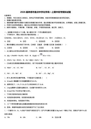 2026届孝感市重点中学化学高一上期中统考模拟试题含解析
