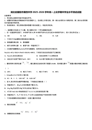 湖北省襄阳市第四中学2025-2026学年高一上化学期中学业水平测试试题含解析