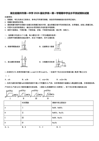 湖北省随州市第一中学2026届化学高一第一学期期中学业水平测试模拟试题含解析