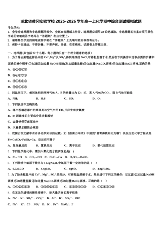 湖北省黄冈实验学校2025-2026学年高一上化学期中综合测试模拟试题含解析