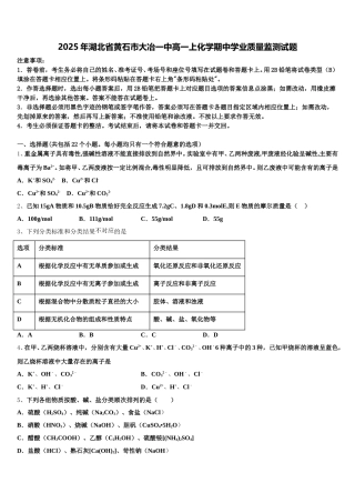 2025年湖北省黄石市大冶一中高一上化学期中学业质量监测试题含解析