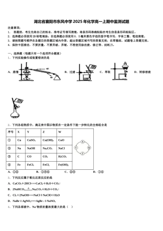 湖北省襄阳市东风中学2025年化学高一上期中监测试题含解析